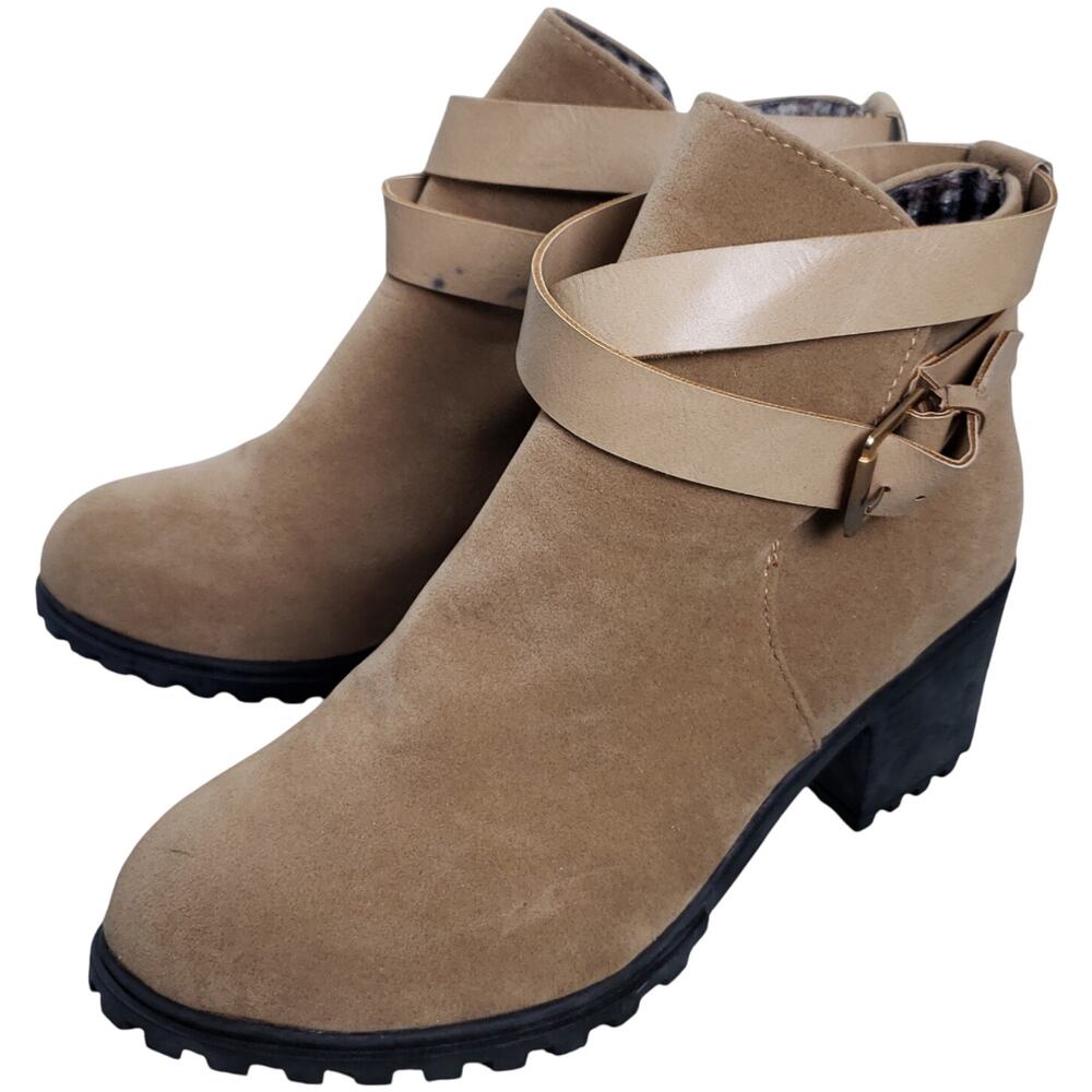 White Mountain Women's Suede Ankle Boots 7.5 Brown Buckle Chunky Heel w/ Box